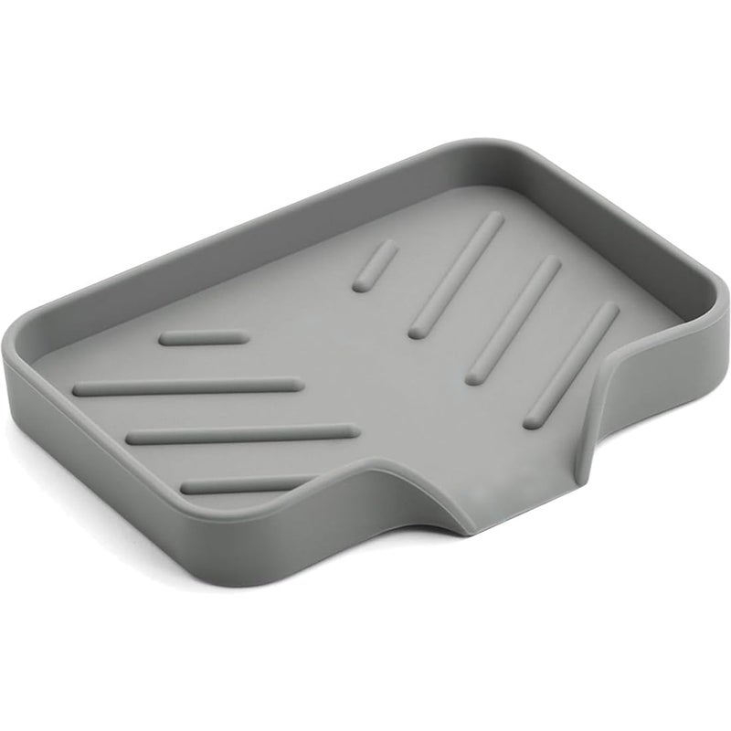 Metopets Sponge Holder with Drain Spout, Silicone Sponge Tray for Kitchen Sink, Rubber Soap Dish for Shower Bathroom (Grey, 4.7"" x 3.6"") - Image 1